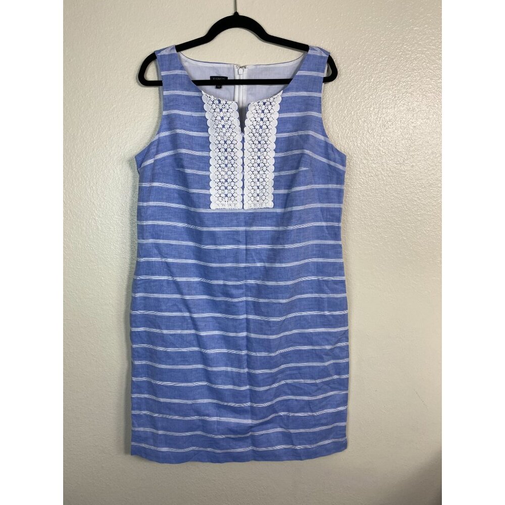 Talbots Blue White Linen blend Sleeveless Sheath Dress Size 14 Career Vacation